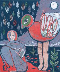 Žena a pták, 2012, linoryt, 30 cm x 25 cm
