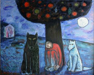  Man, wolf and dog, 2012, oil on canvas, 120 x 150 cm