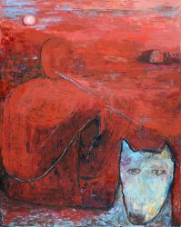  A man accompanying the dog in a red landscape, 2013, oil on canvas, 100 x 80 cm